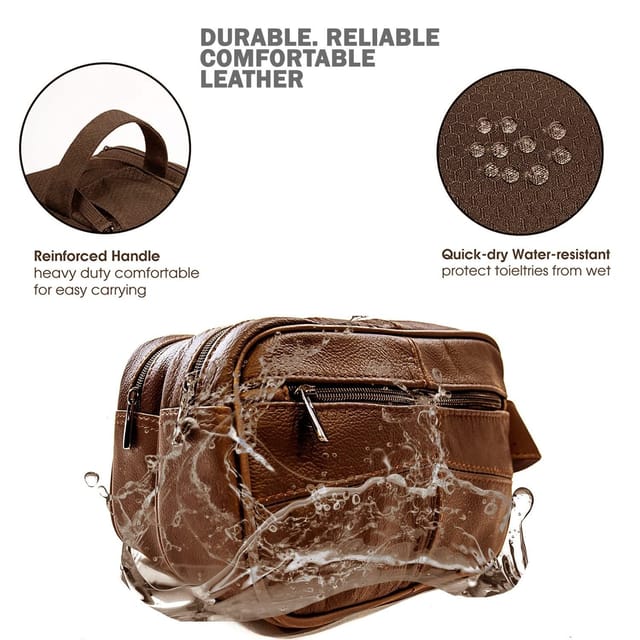 Woodland Leathers Woodland Leathers Men's Genuine Leather Wash Bag Travel Organizer Toiletry Bag in Brown - 3