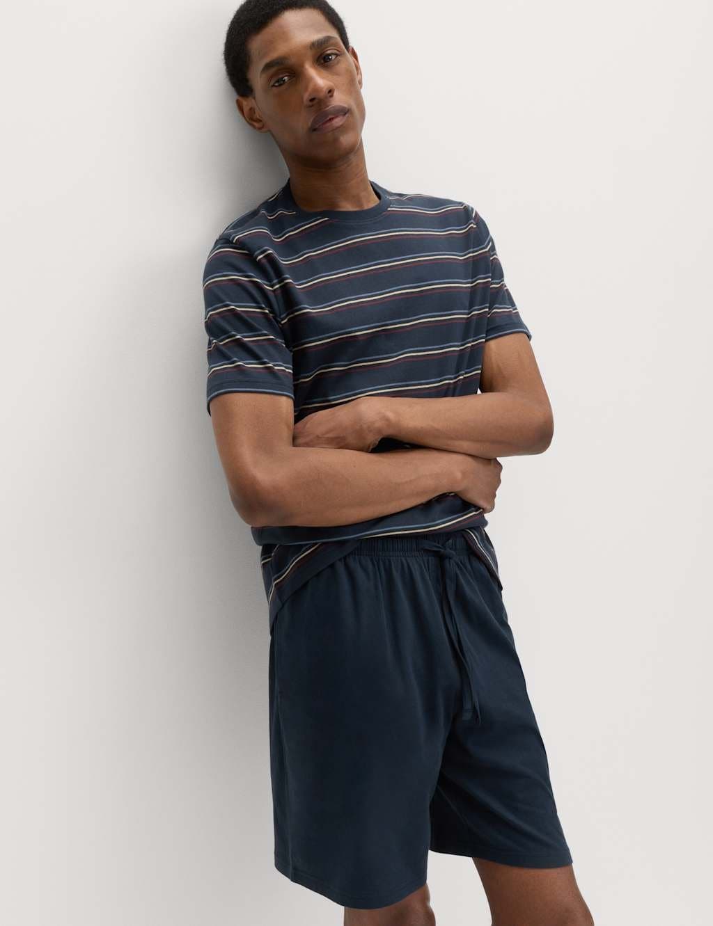 Marks & Spencer M&S Pure Cotton Rainbow Stripe Pyjama Set Navy Mix