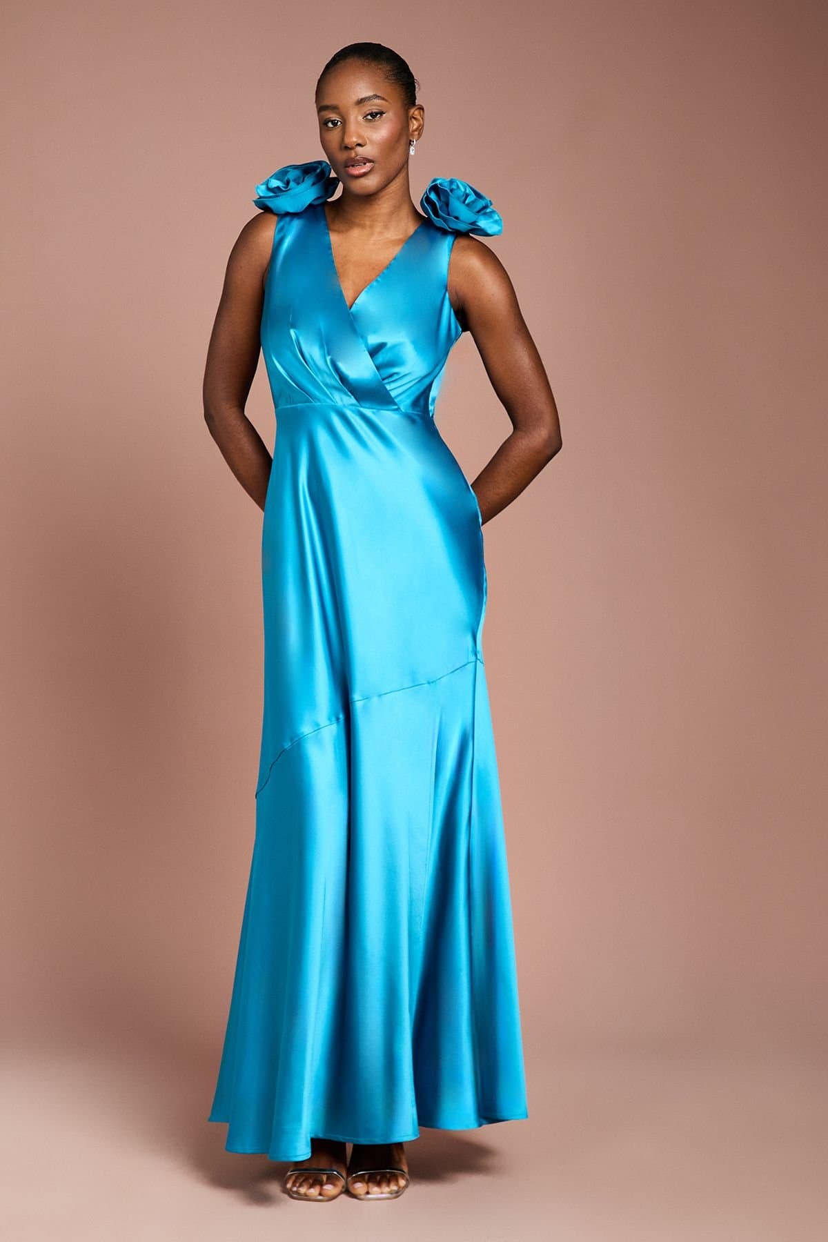 Coast Coast Women's Statement Corsage Satin Maxi Dress in Teal