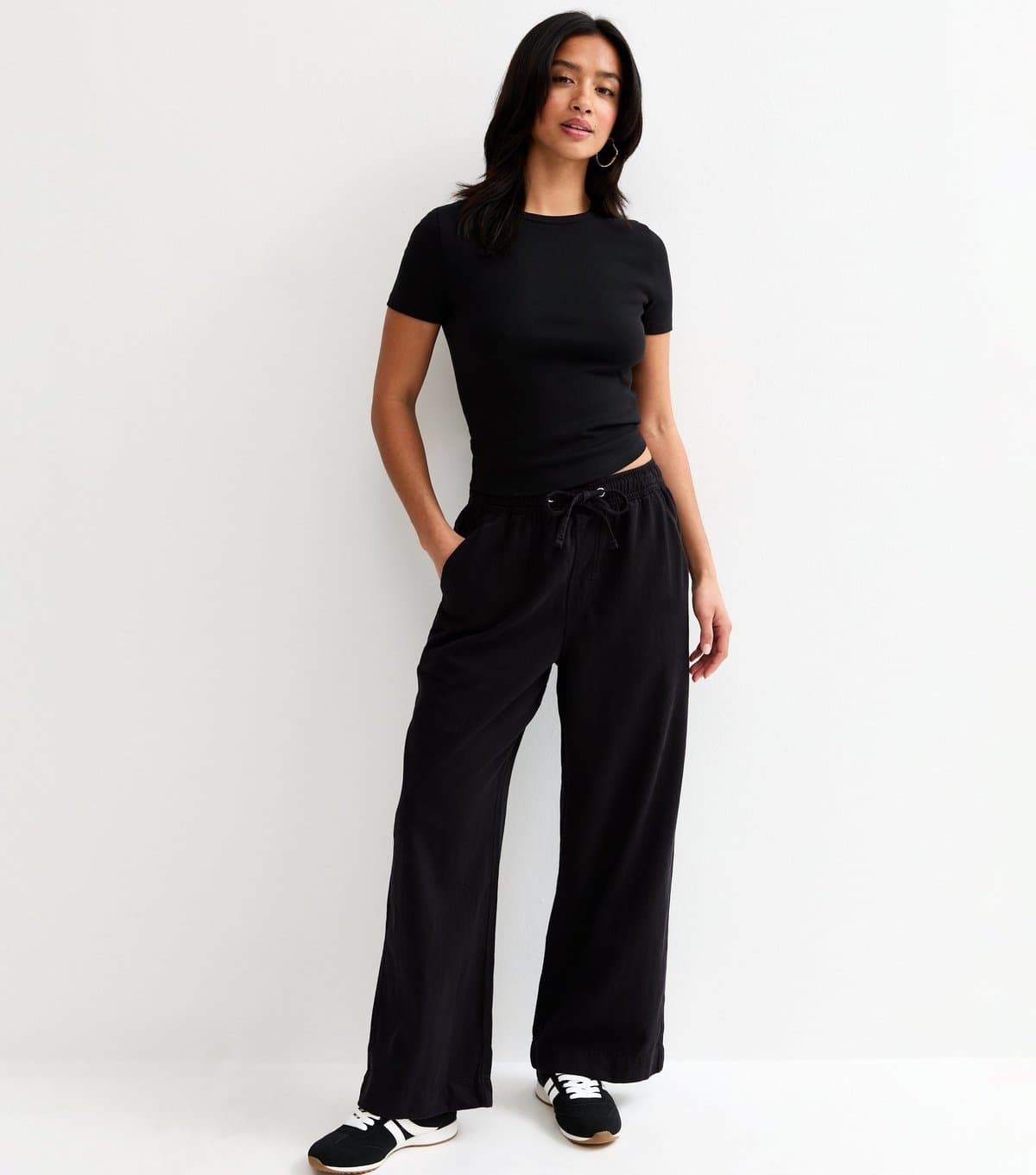 New Look Women's Petite Black Twill Cotton Wide Leg Trousers New Look