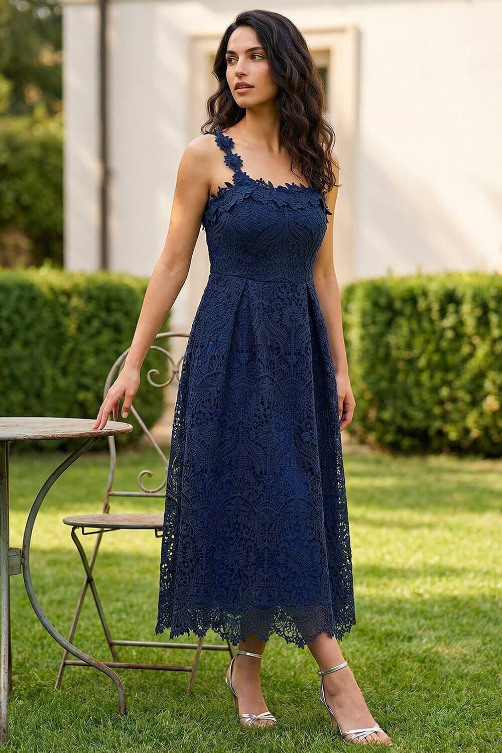 Dusk Dusk Women's Floral Crochet Midi Dress in Navy