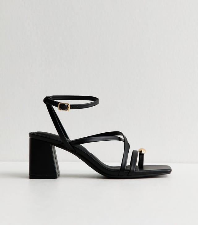New Look Women's Black Faux Leather Metal Toe Loop Block Heel Sandals Vegan New Look - 2