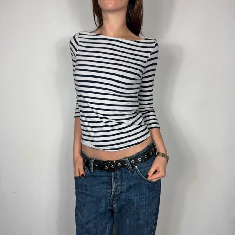 New Look Black and white striped top with 3/4 sleeves #striped #croptop