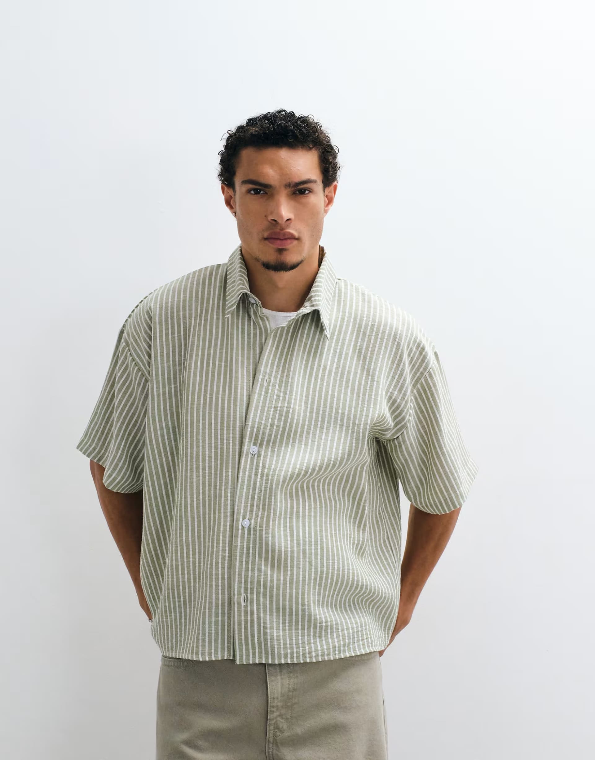 ASOS Reclaimed Vintage short sleeve cropped boxy shirt in olive pinstripe