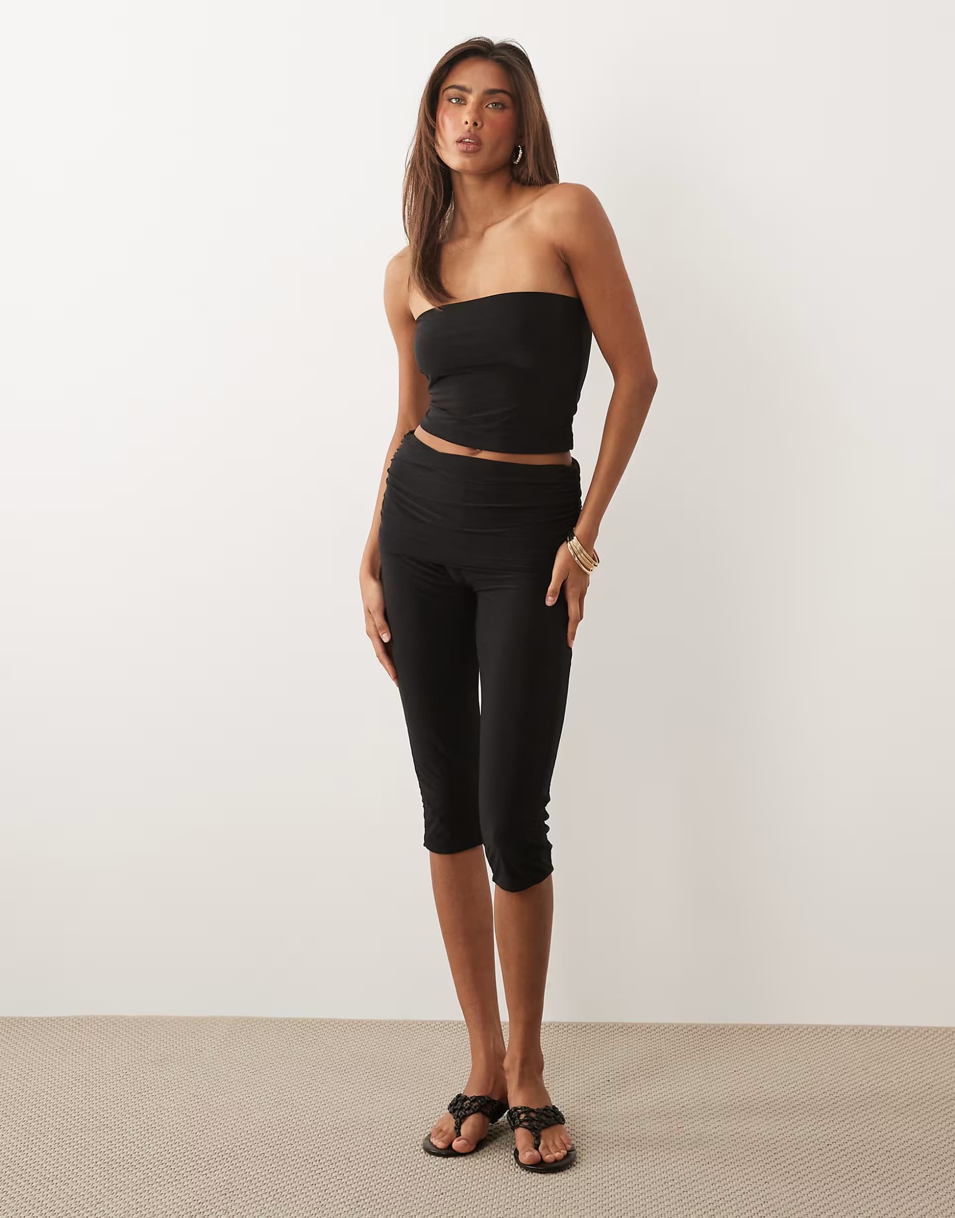 ASOS Missyempire double sculpted slinky bandeau top and fold over detail trousers co-ord in black