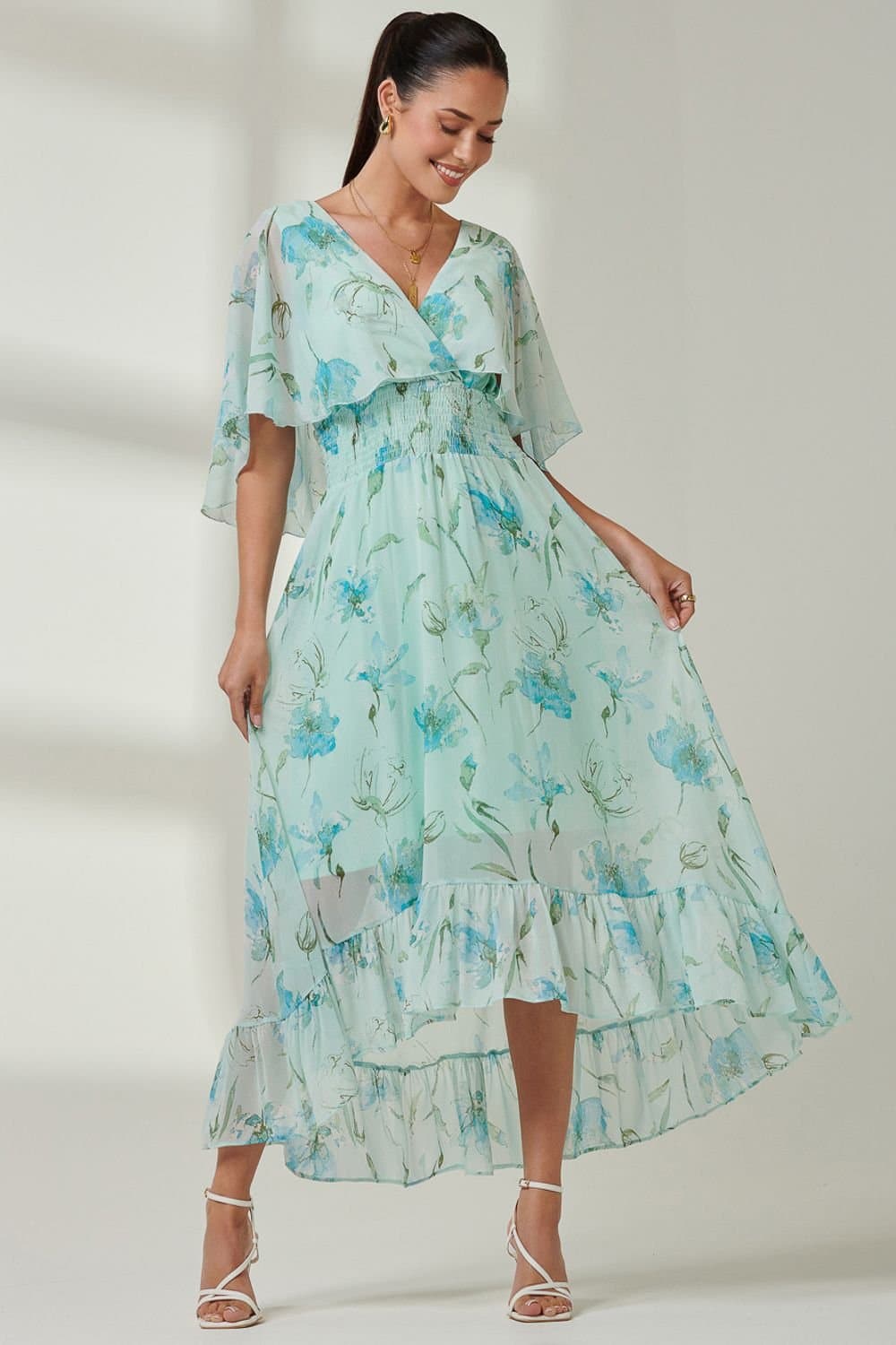 Jolie Moi Jolie Moi Women's Frill V-neck Chiffon Maxi Dress in Green
