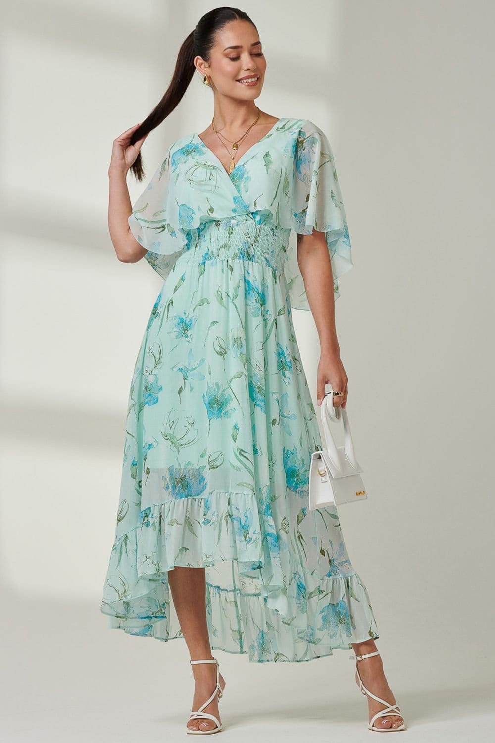 Jolie Moi Jolie Moi Women's Frill V-neck Chiffon Maxi Dress in Green - 4