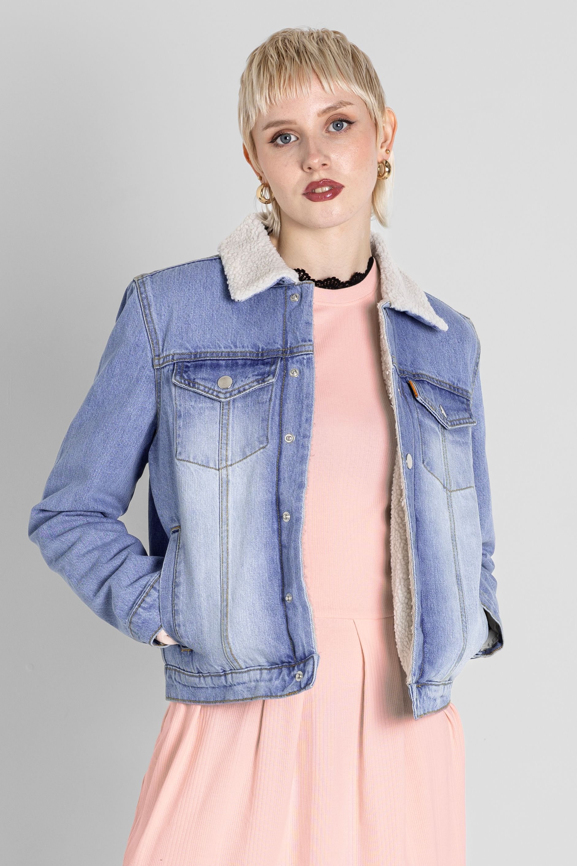 Enorsia Enorsia Women's Borg Lined Regular Fit Denim Jacket in Light Blue - 4