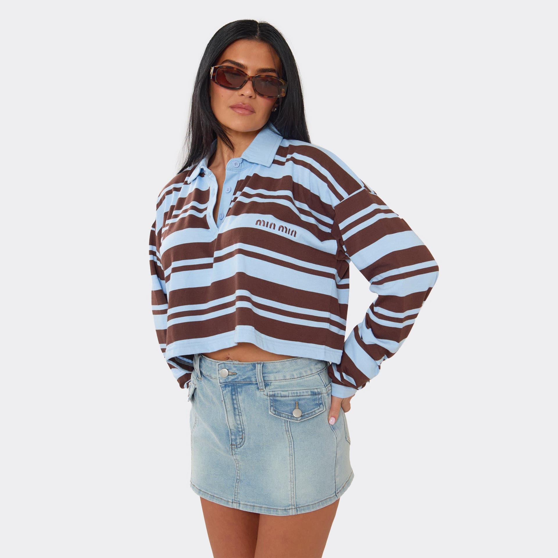 EGO Long Sleeve Min Min Detail Button Front Collared Sweatshirt In Blue And Brown Stripe, Women's Size UK 8