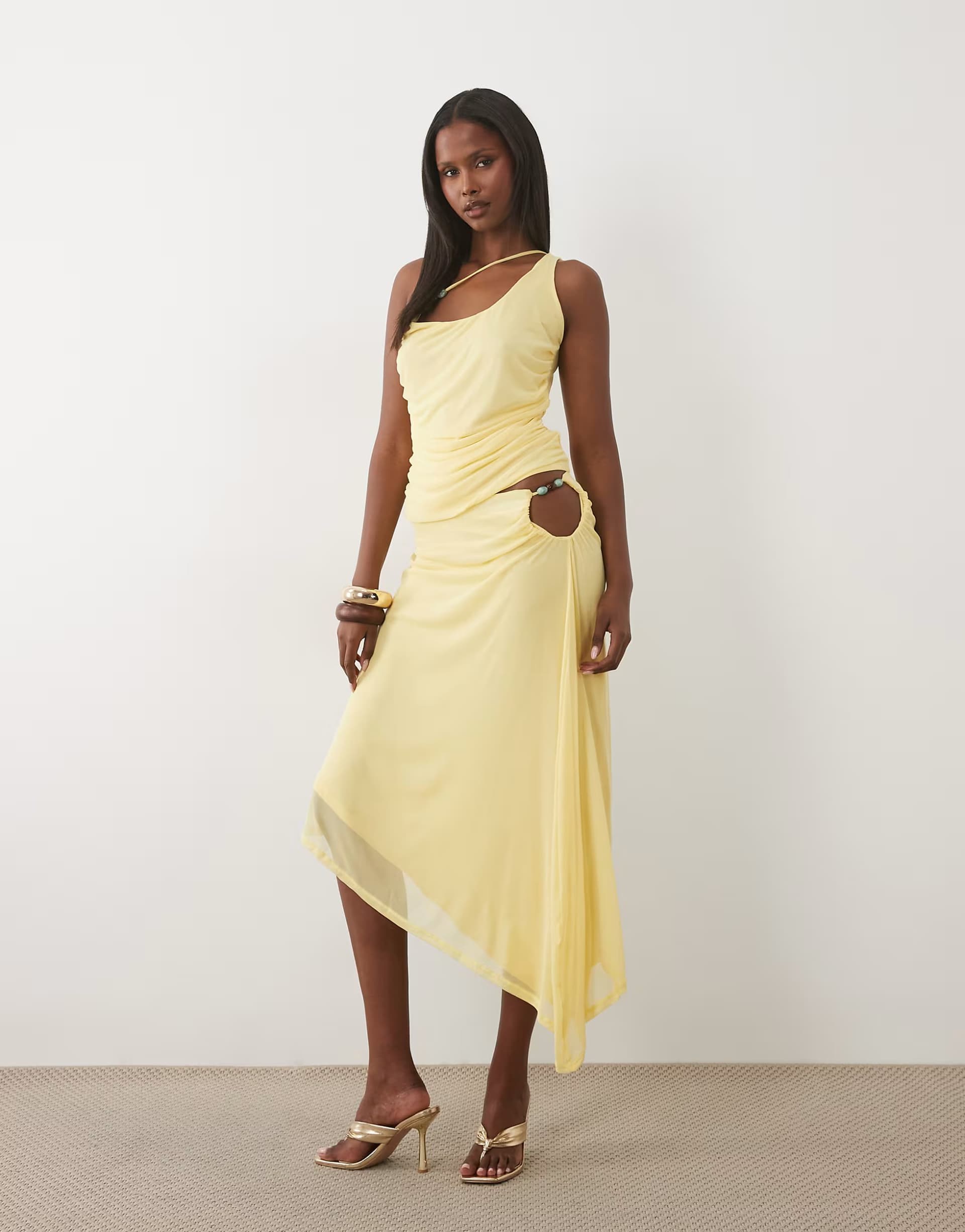 ASOS ASOS DESIGN co-ord mesh asymmetric midi skirt with beaded trim in lemon
