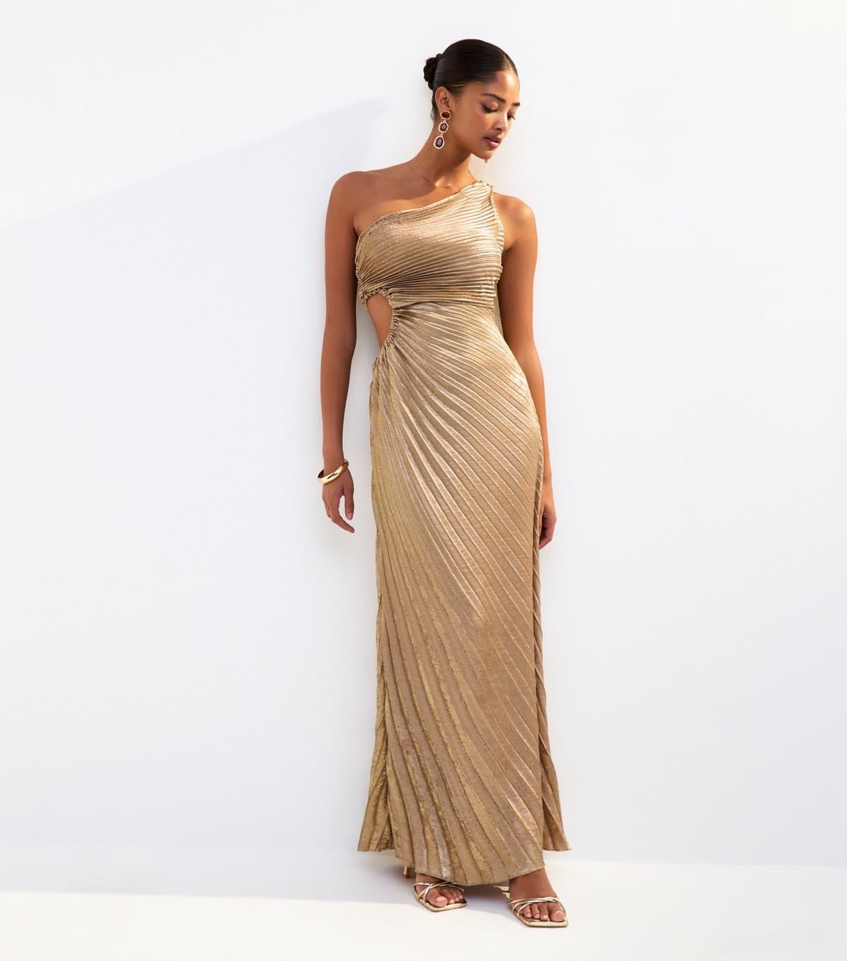 New Look New Look Gold Metallic Satin Pleated Maxi Dress