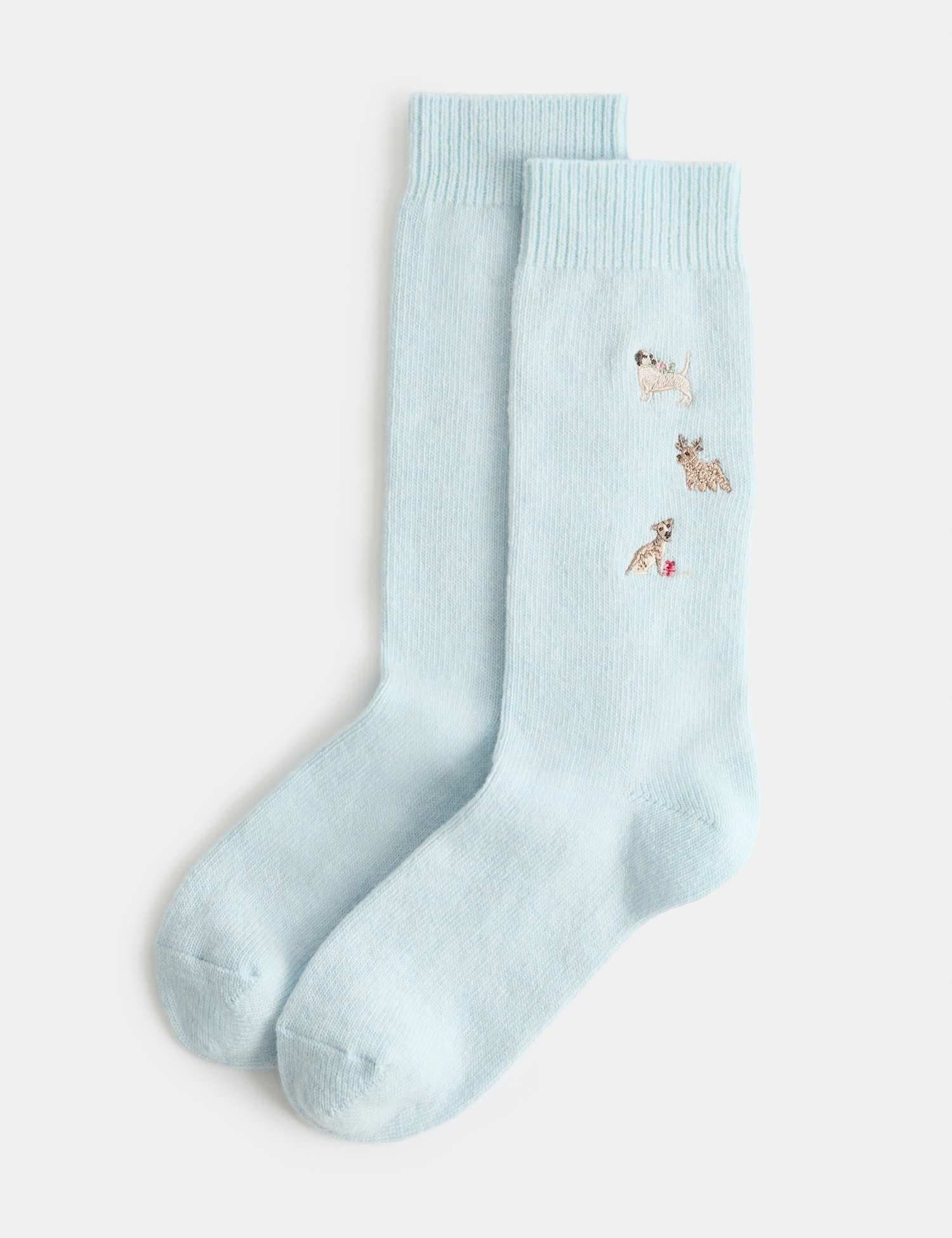 Marks & Spencer M&S Wool Blend Embroidered Ankle High Socks Blue Mix