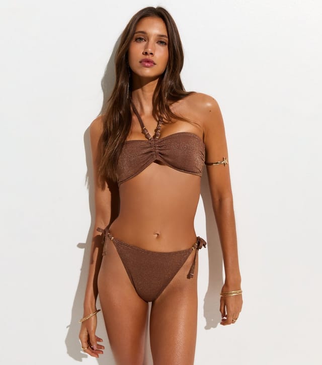 New Look Women's Brown Glitter Beaded Tie Side Bikini Bottoms New Look - 2