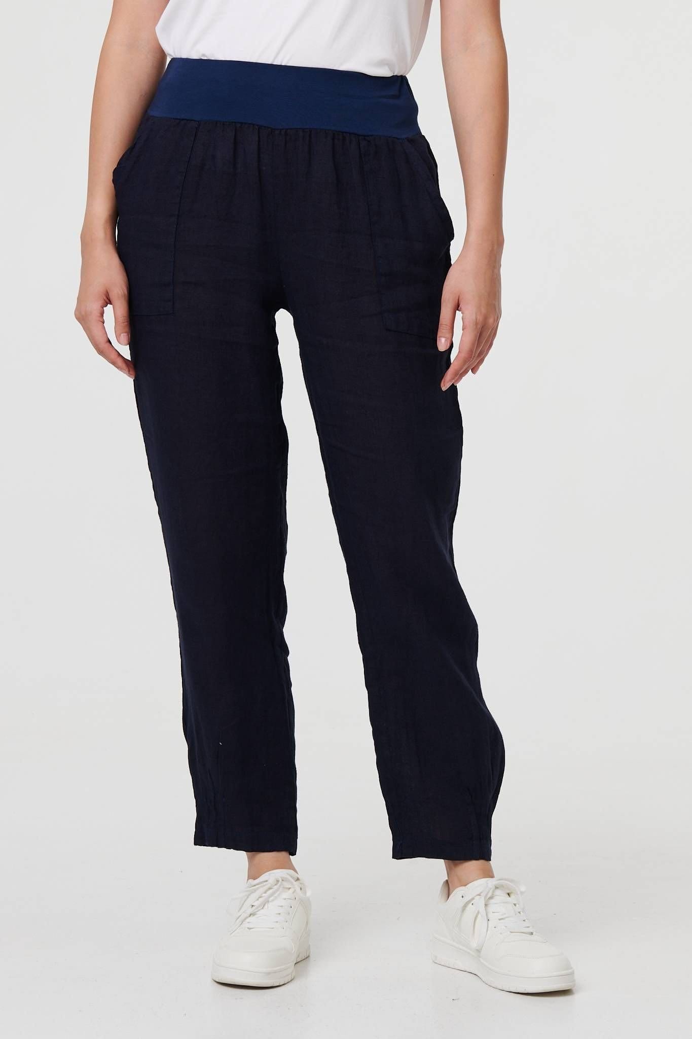 Izabel London Izabel London Women's Relaxed Linen Tapered Trousers in Blue - 4