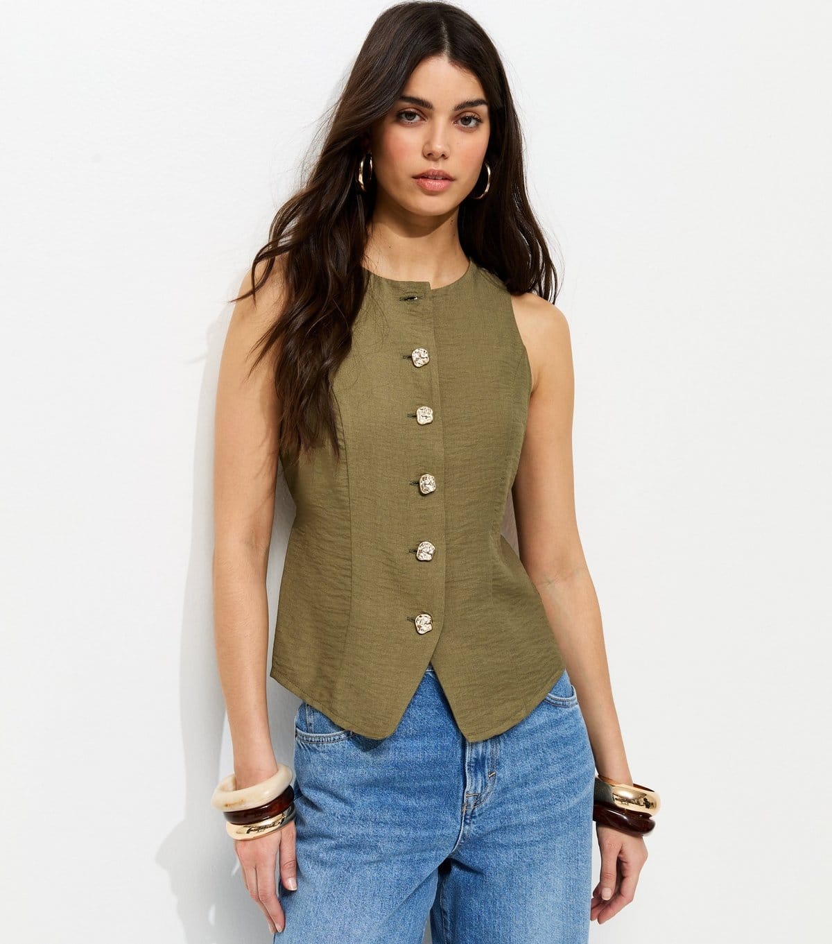New Look Khaki Textured Buttons Waistcoat