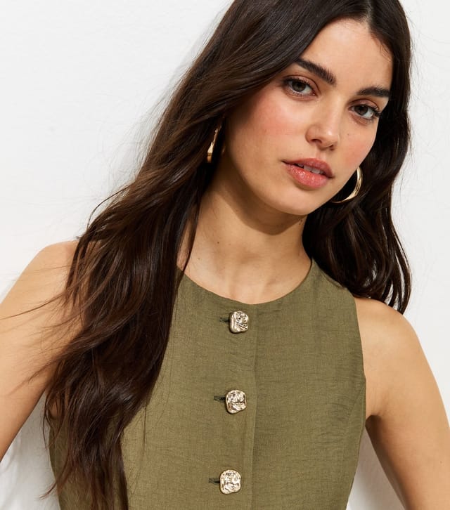 New Look Women's Khaki Gold Tone Textured Buttons Waistcoat New Look - 2