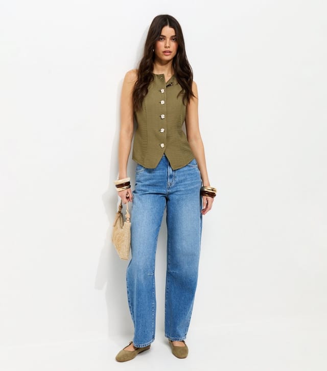 New Look Women's Khaki Gold Tone Textured Buttons Waistcoat New Look - 3