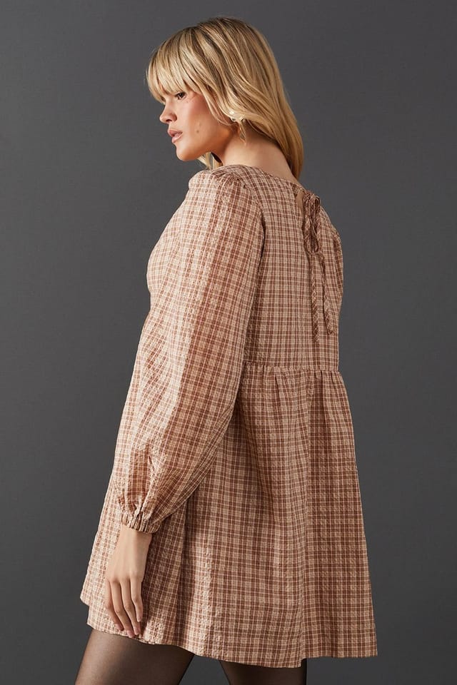 Warehouse Warehouse Women's Check V Neck Volume Sleeve Mini Dress in Orange - 3