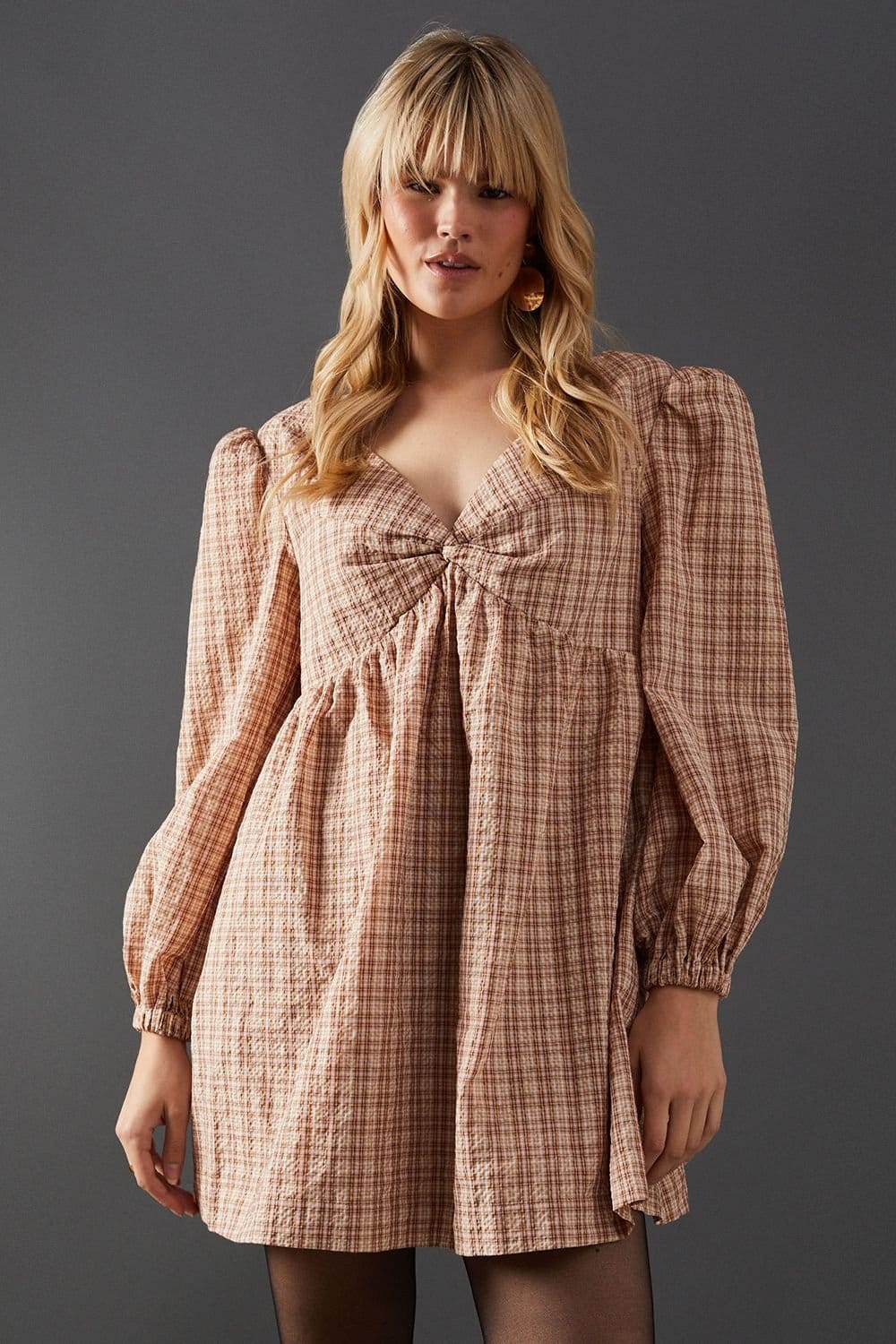 Warehouse Warehouse Women's Check V Neck Volume Sleeve Mini Dress in Orange - 4
