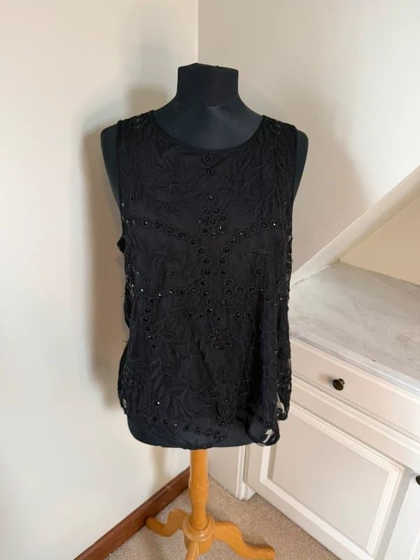 River Island River Island y2k Vintage Black Lace Embellished Vest Cami Blouse Top Button Size 16 Viscose Cotton