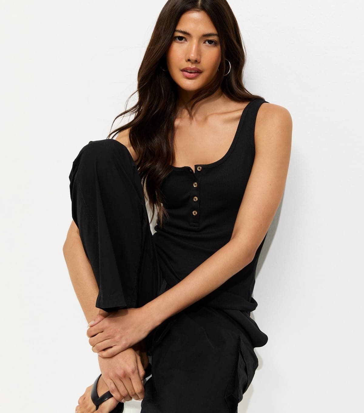 New Look Women's Black Henley Button Front Vest Top New Look