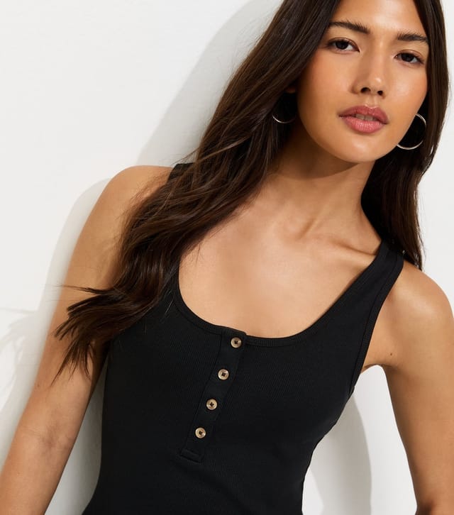 New Look Women's Black Henley Button Front Vest Top New Look - 2