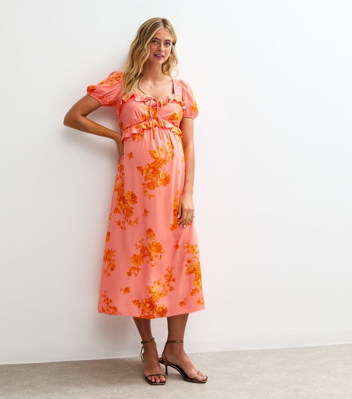 New Look Women's Maternity Pink Floral Print Milkmaid Ruffle Midi Dress New Look