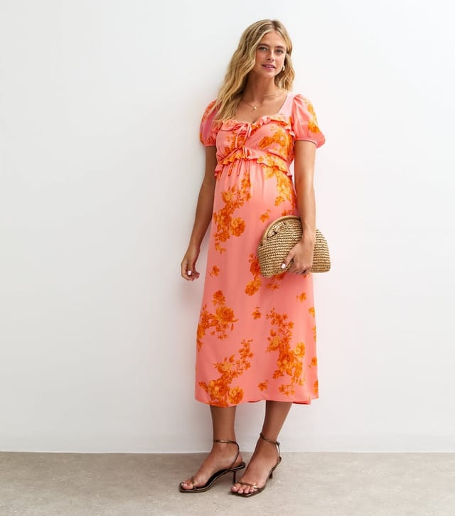 New Look Women's Maternity Pink Floral Print Milkmaid Ruffle Midi Dress New Look - 3