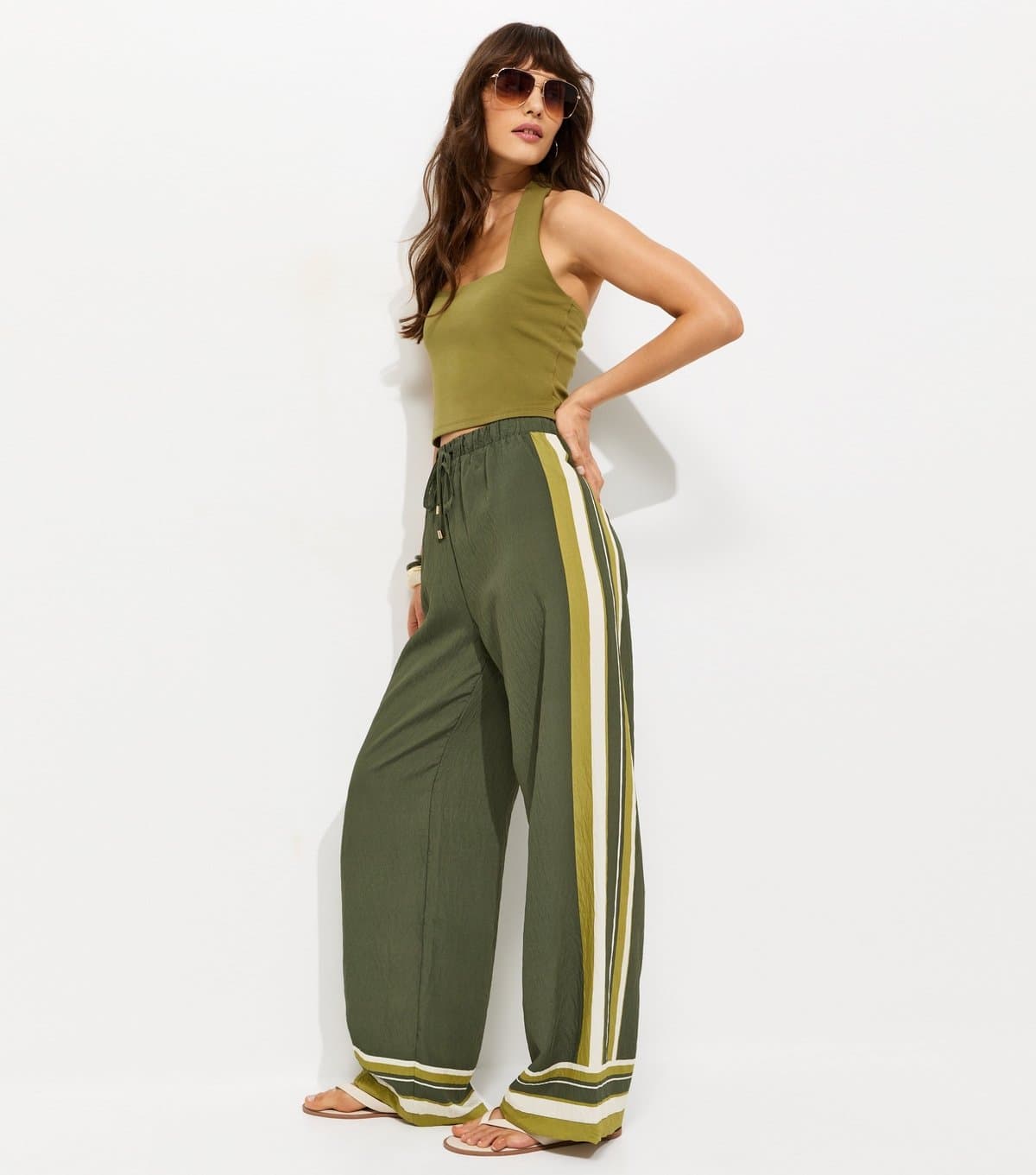 New Look Women's Tall Green Striped Wide Leg Trousers New Look