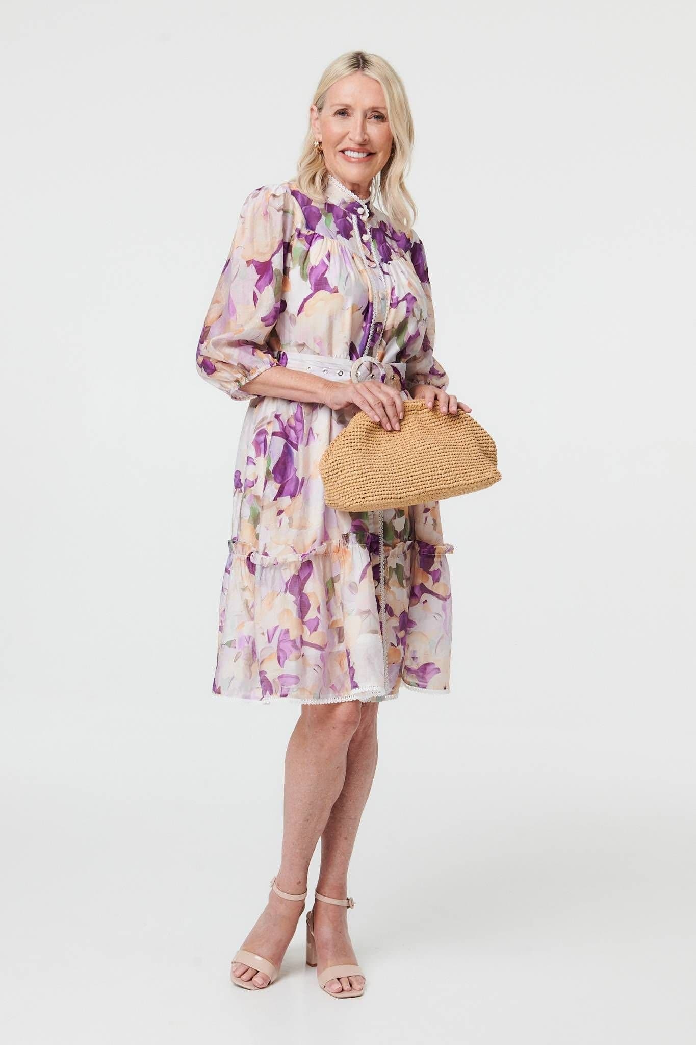 Izabel London Izabel London Women's Floral 3/4 Sleeve Knee Length Dress in Purple