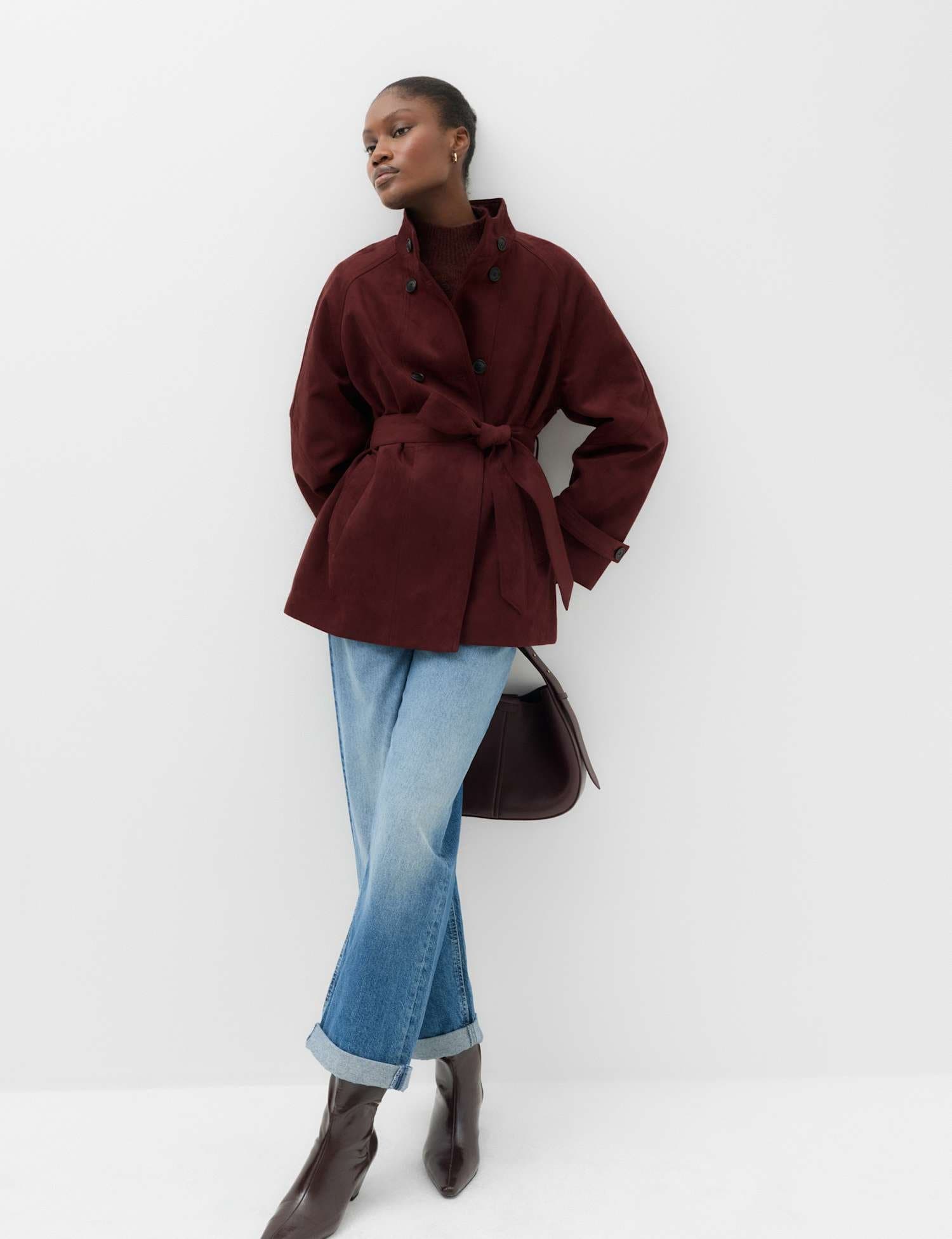 Marks & Spencer M&S Suedette Funnel Neck Short Trench Coat Burgundy