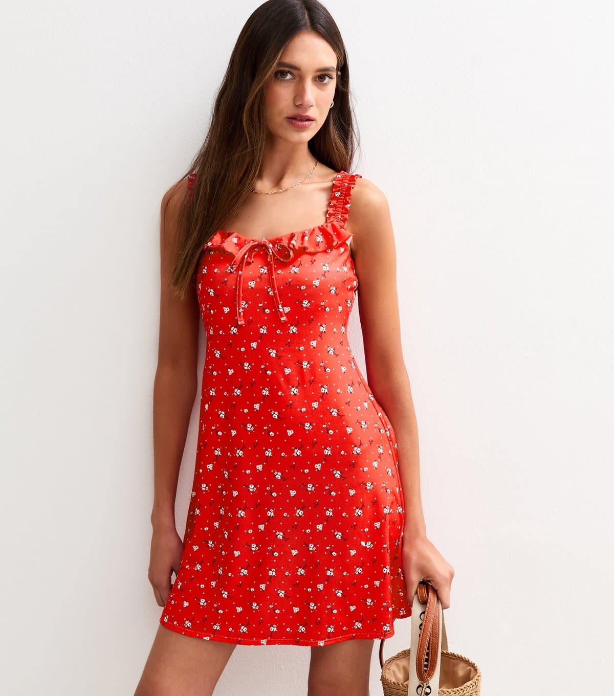 New Look Women's Red Floral Print Ruffle Trim Mini Dress New Look