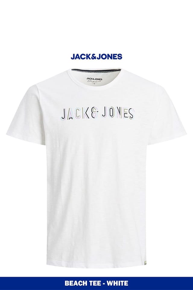jack & jones Jack & Jones Men's White Cotton Logo T-Shirt Crew Neck Casual Tee, White - 2
