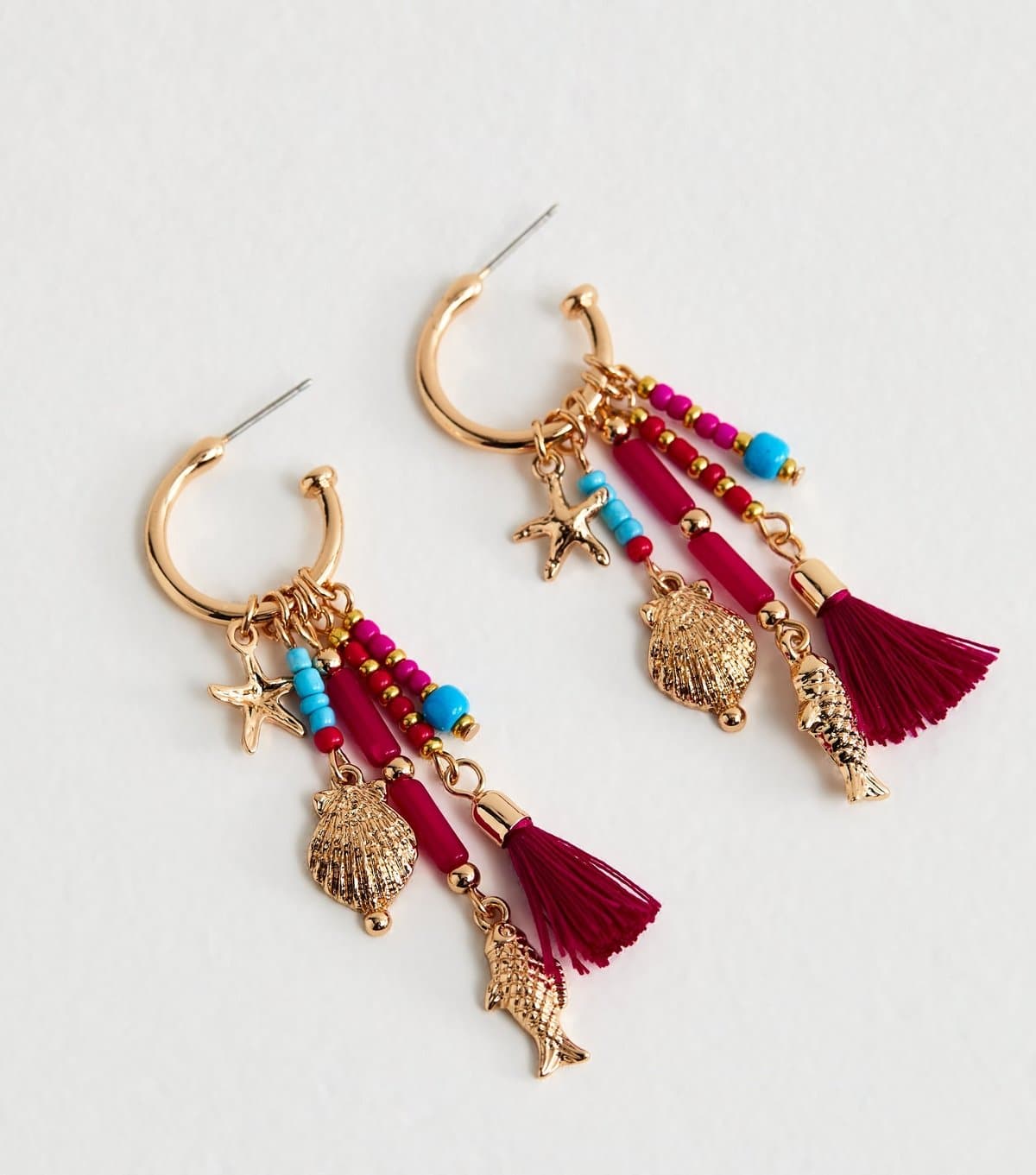 New Look New Look Bright Pink Beaded Tassel Hoop Earrings
