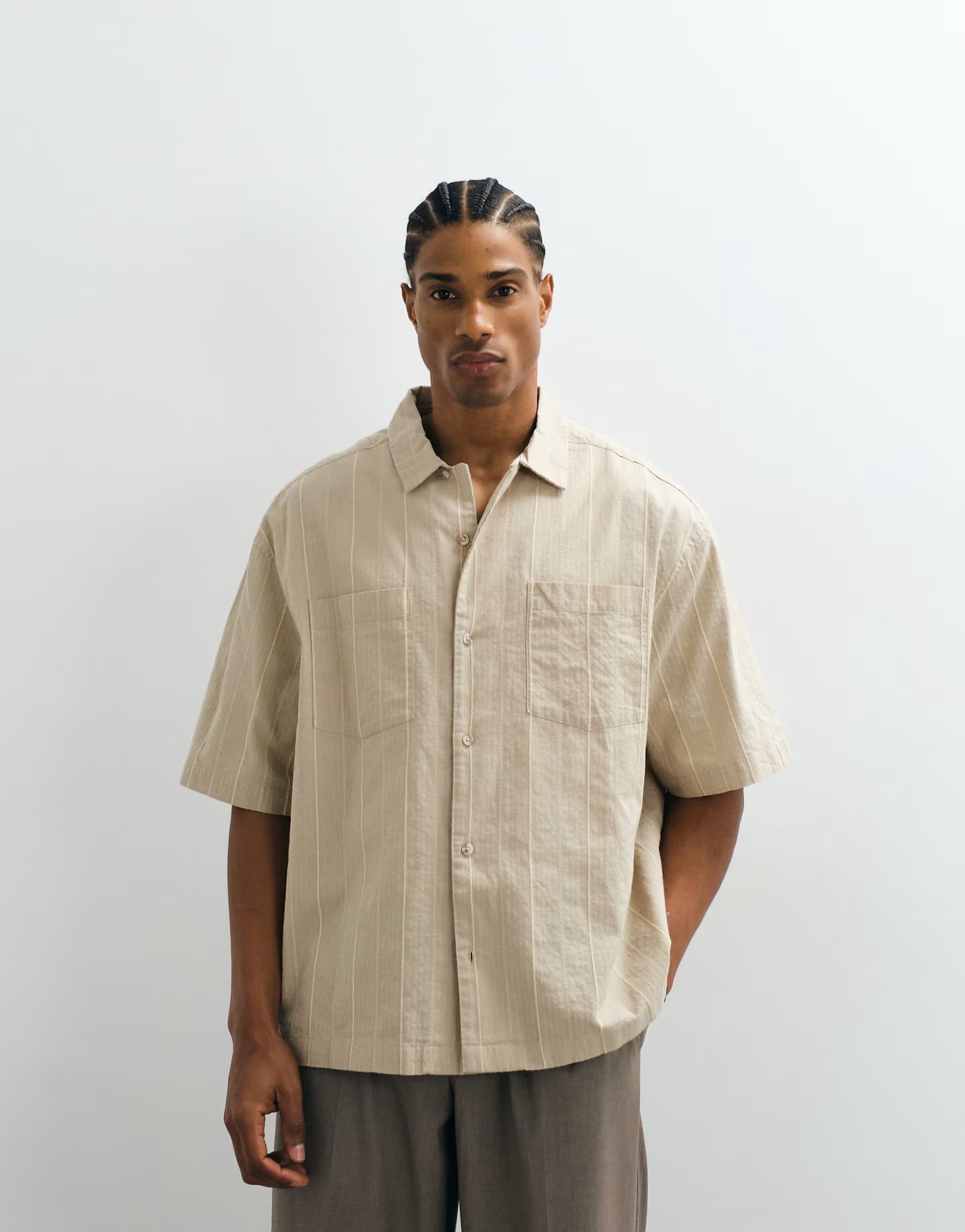 ASOS ASOS DESIGN boxy oversized revere stripe shirt in beige