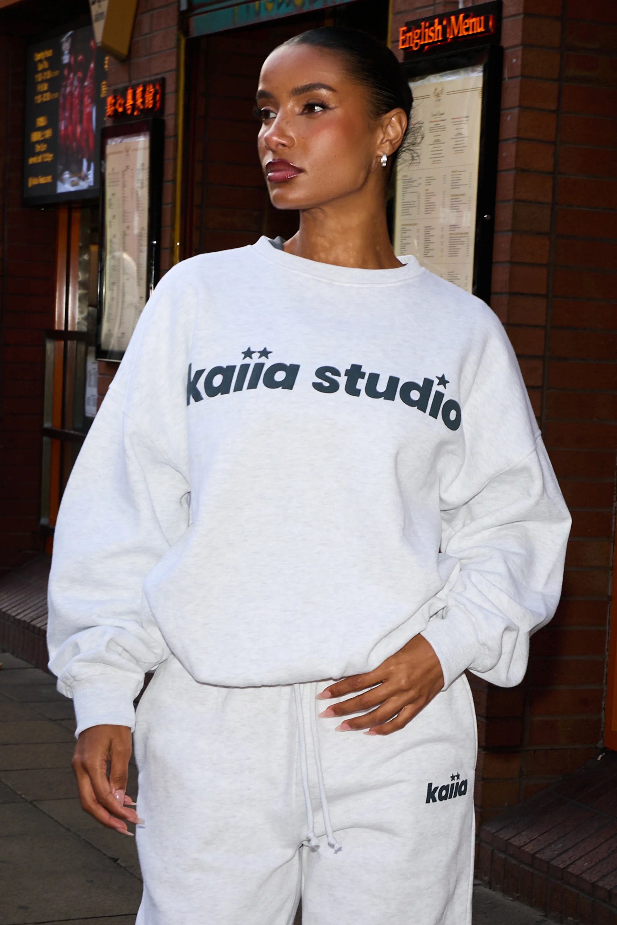 Kaiia Kaiia Studio Star Oversized Sweatshirt Light Grey Marl & Dark Grey - 2
