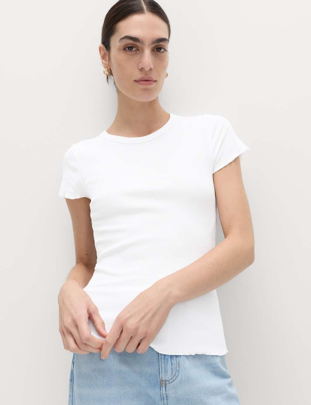 Marks & Spencer M&S Cotton Rich Ribbed Lettuce Edge T-Shirt White