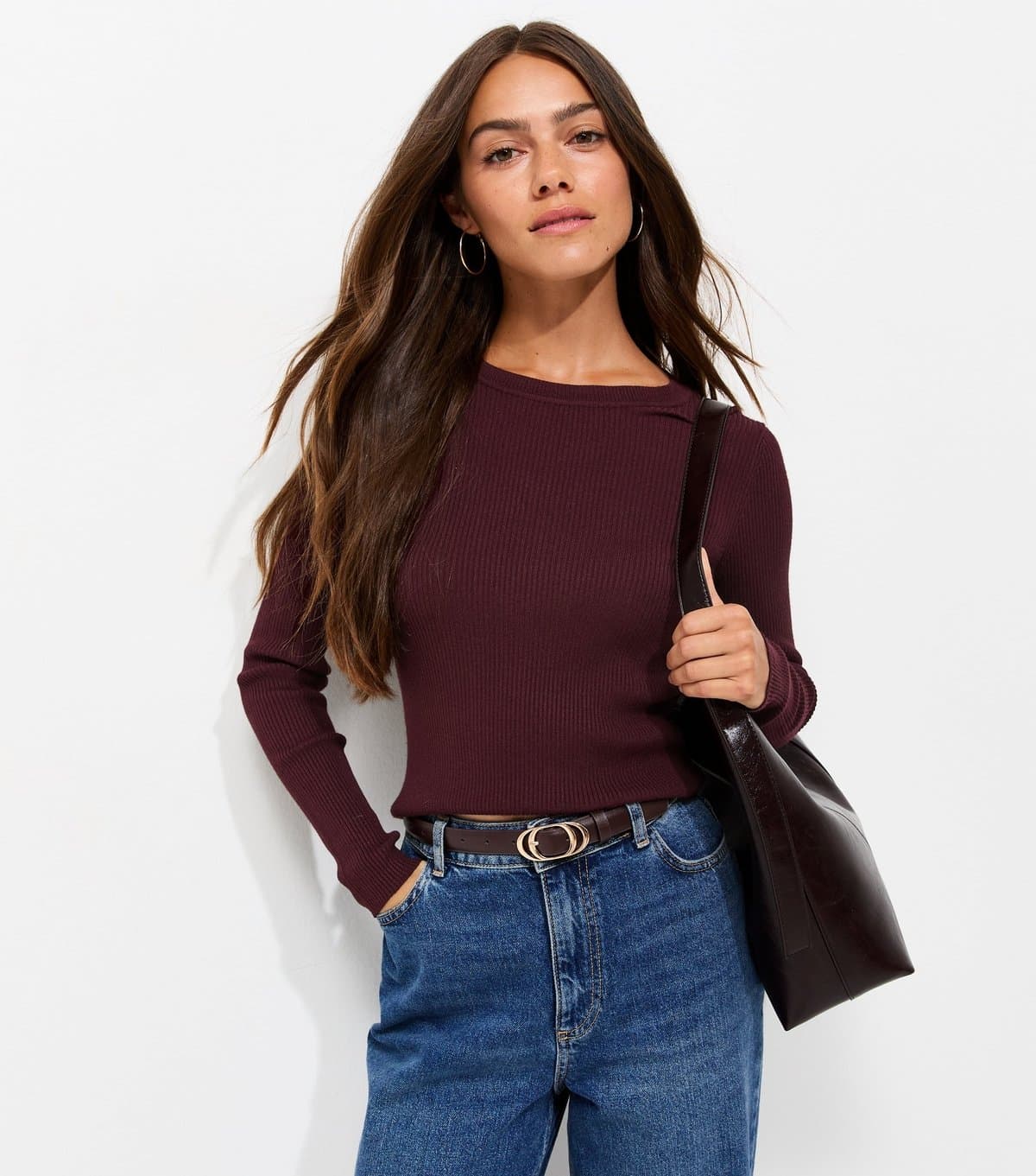 New Look Women's Petite Dark Burgundy Ribbed Lightweight Crew Neck Jumper New Look