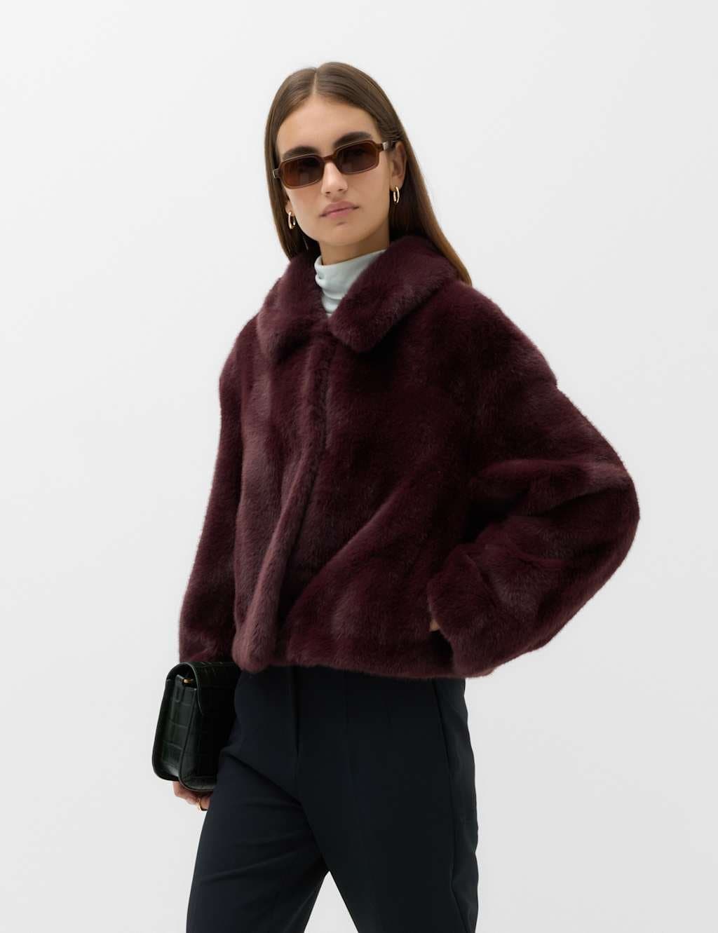 Marks & Spencer M&S Faux Fur Collared Short Jacket Burgundy