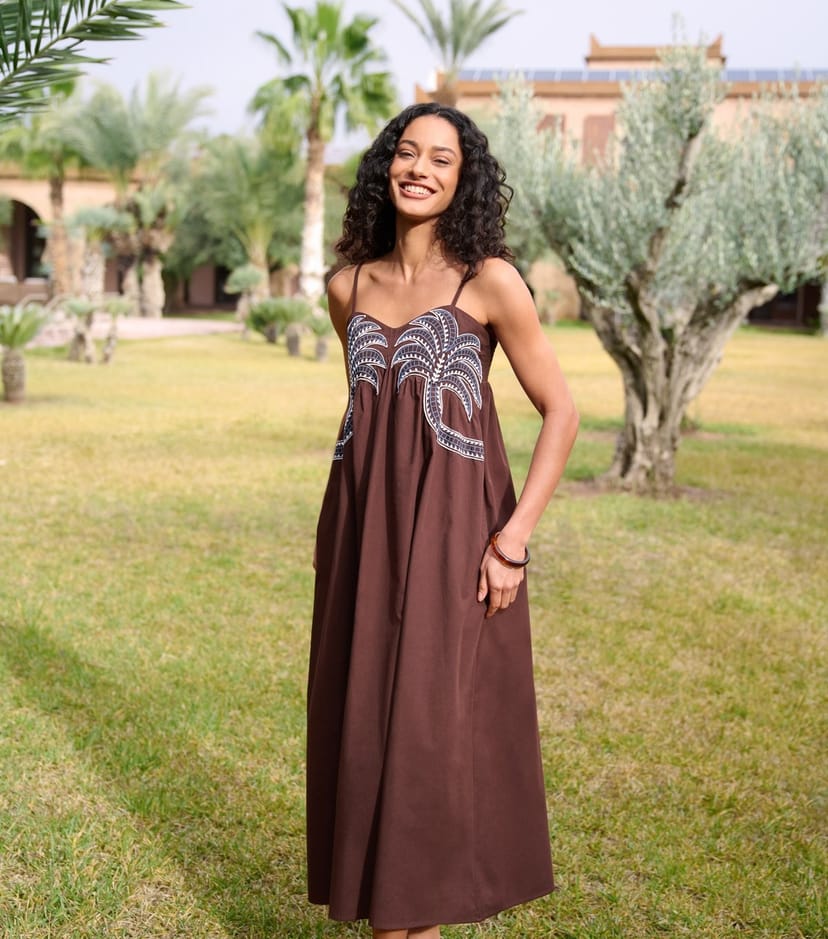 Blue Vanilla Women's Dark Brown Palm Tree Embroidered Midi Smock Dress Blue Vanilla New Look - 1