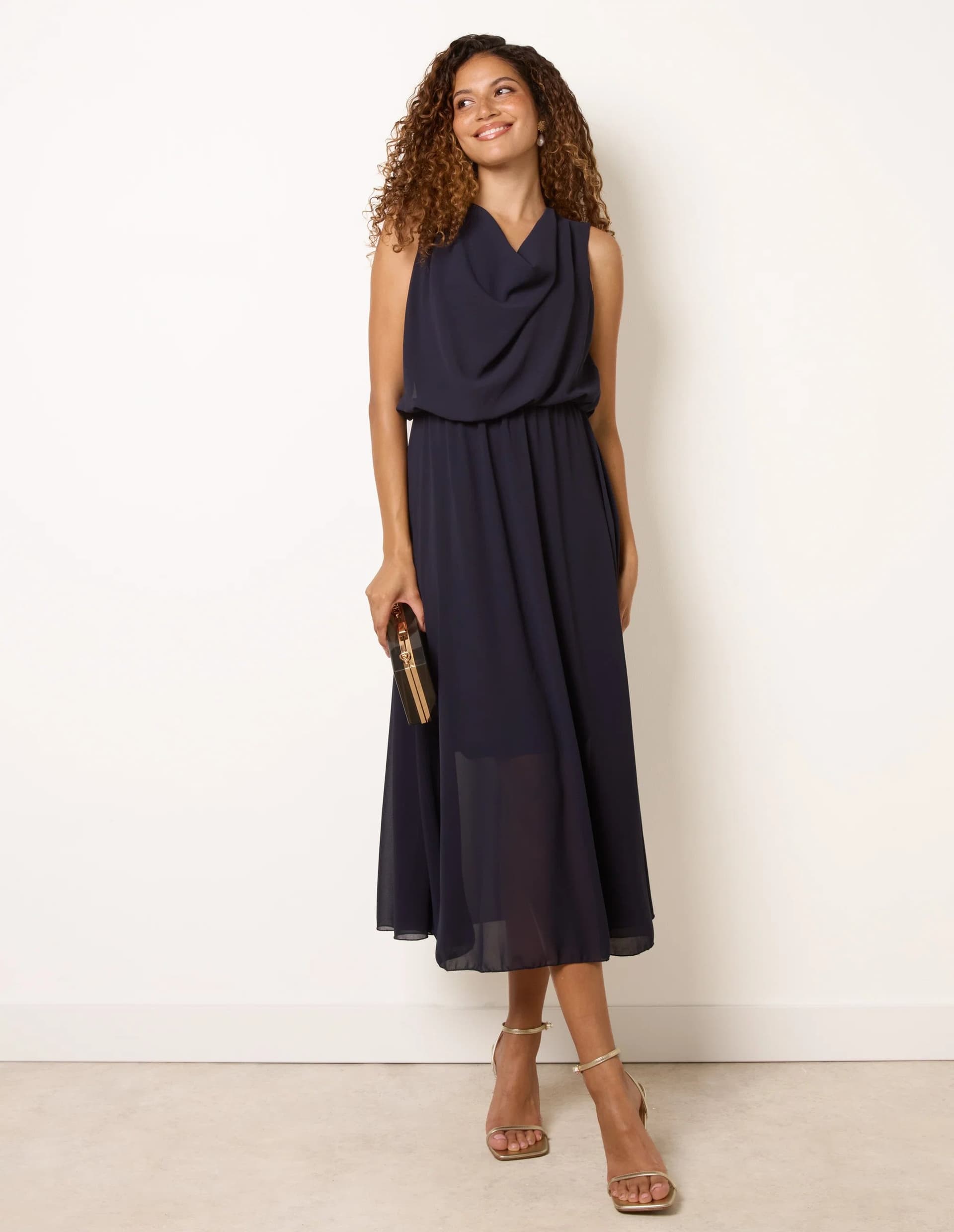 Blue Vanilla Plain Sleeveless Cowl Neck Dress