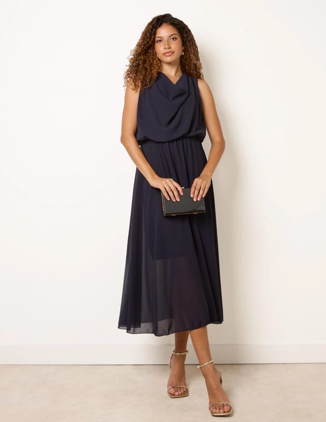 Blue Vanilla Plain Sleeveless Cowl Neck Dress - 3