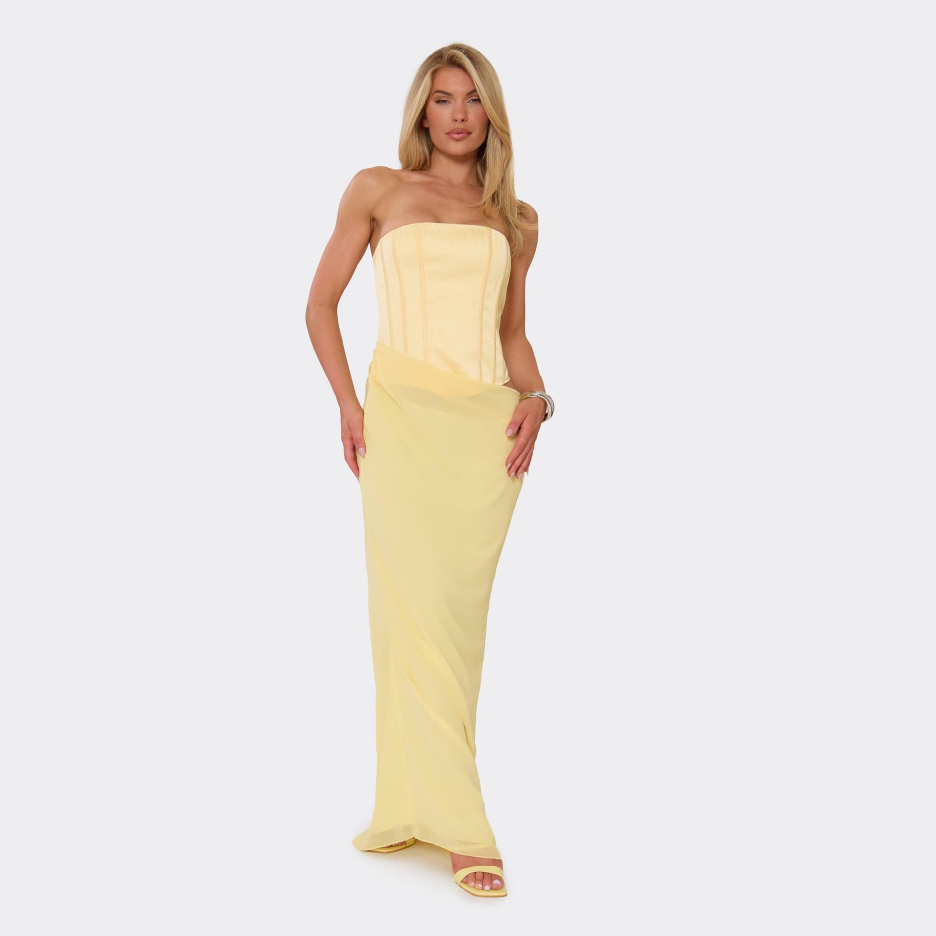 EGO Bandeau Satin Corset Drape Detail Maxi Dress In Lemon, Women's Size UK 6