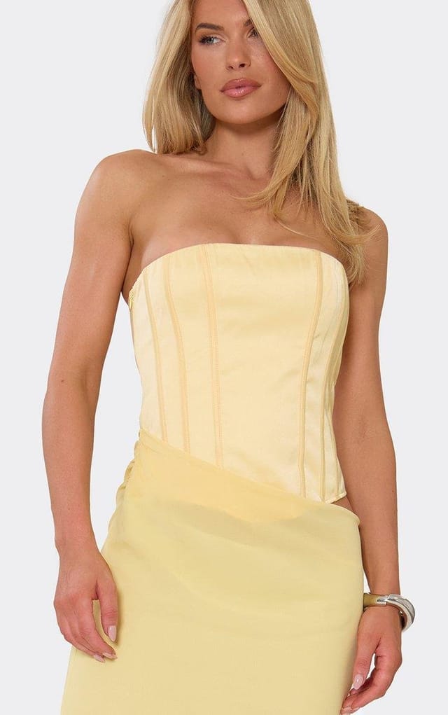 EGO Bandeau Satin Corset Drape Detail Maxi Dress In Lemon, Women's Size UK 6 - 2