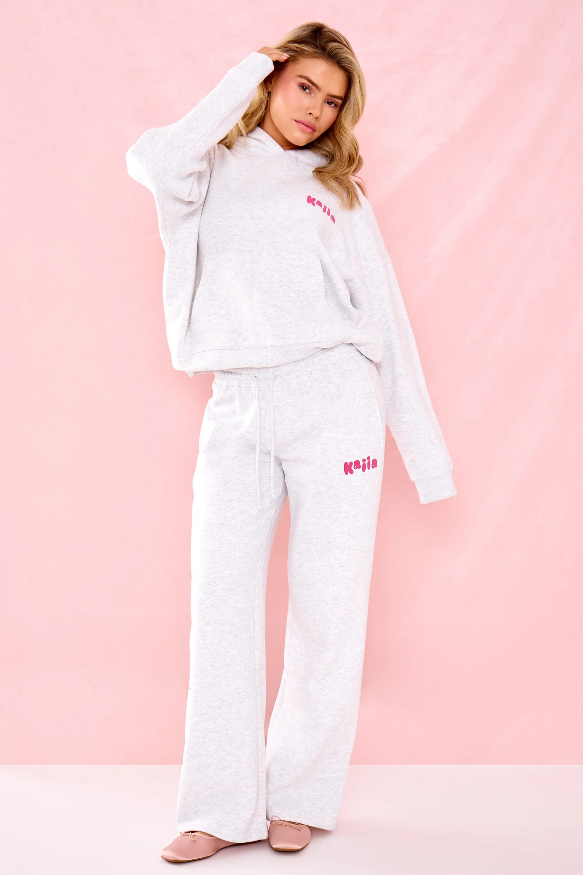 Kaiia Light Grey Marl & Pink Graphic Wide Leg Joggers