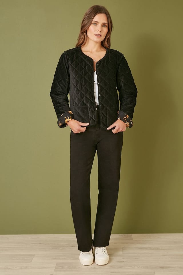 Yumi Yumi Women's Black Velvet Quilted Jacket With Reversible Leopard Lining - 2