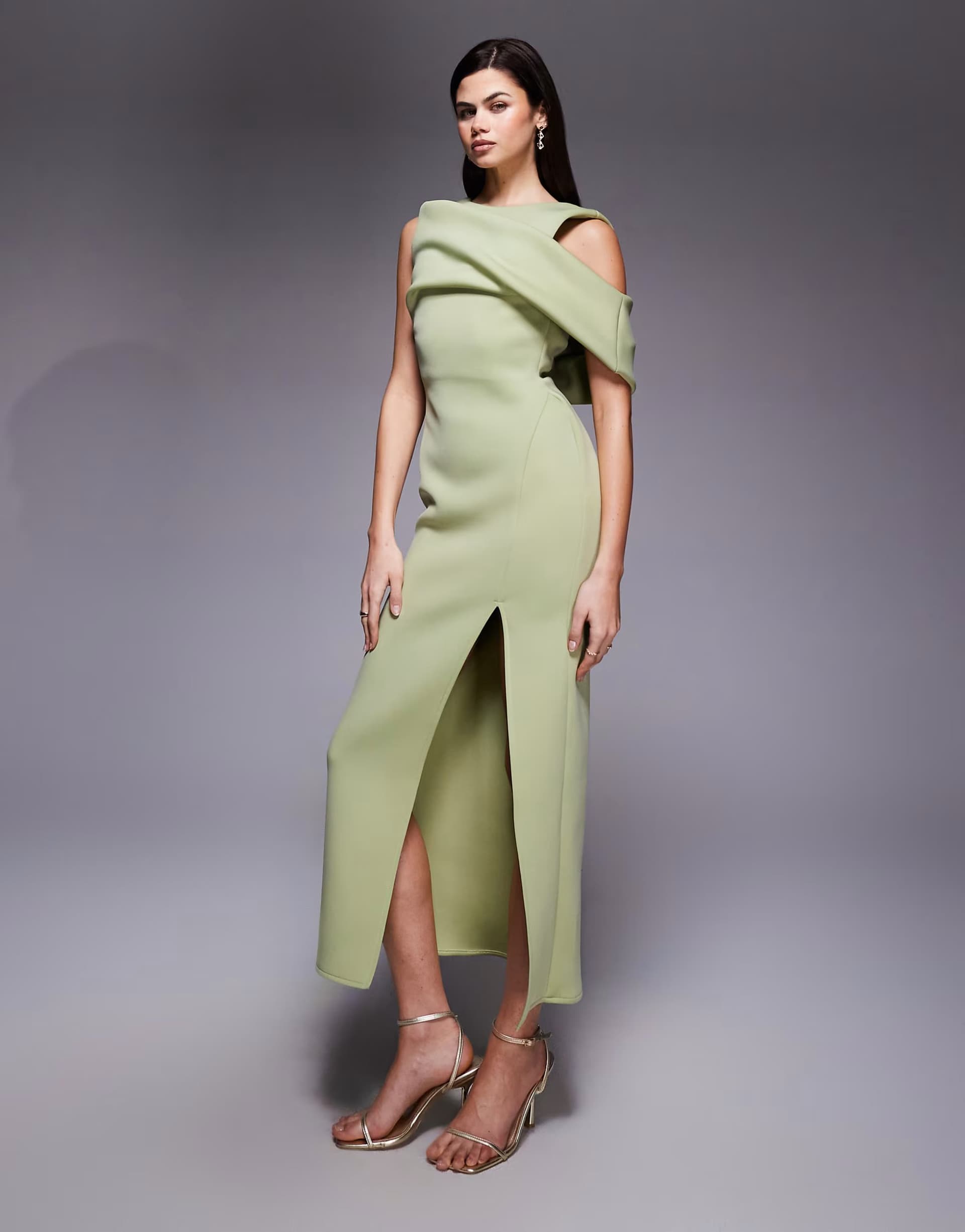 ASOS ASOS DESIGN drape cut out shoulder pencil dress in sage green scuba-style fabric