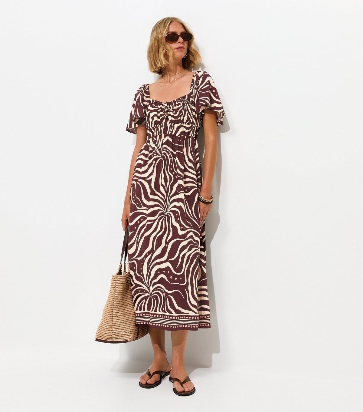 New Look Women's Brown Swirl Print Flutter Sleeve Midi Dress New Look - 1