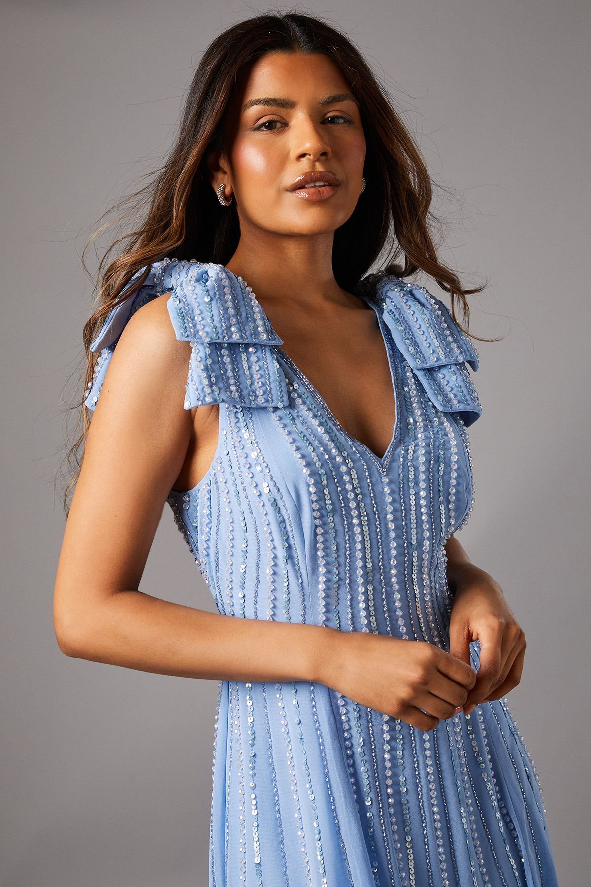 Coast Coast Women's Petite Bow Shoulder Embellished Midi Dress in Cornflower Blue - 3