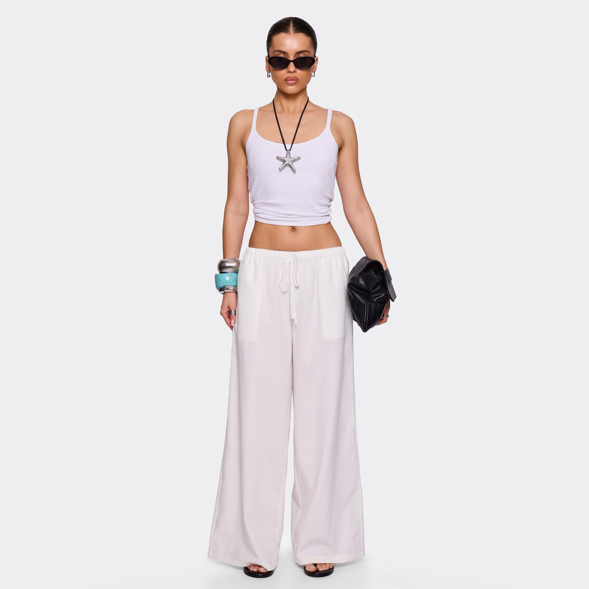 EGO EGO White Linen Drawstring Waist Wide Leg Trousers